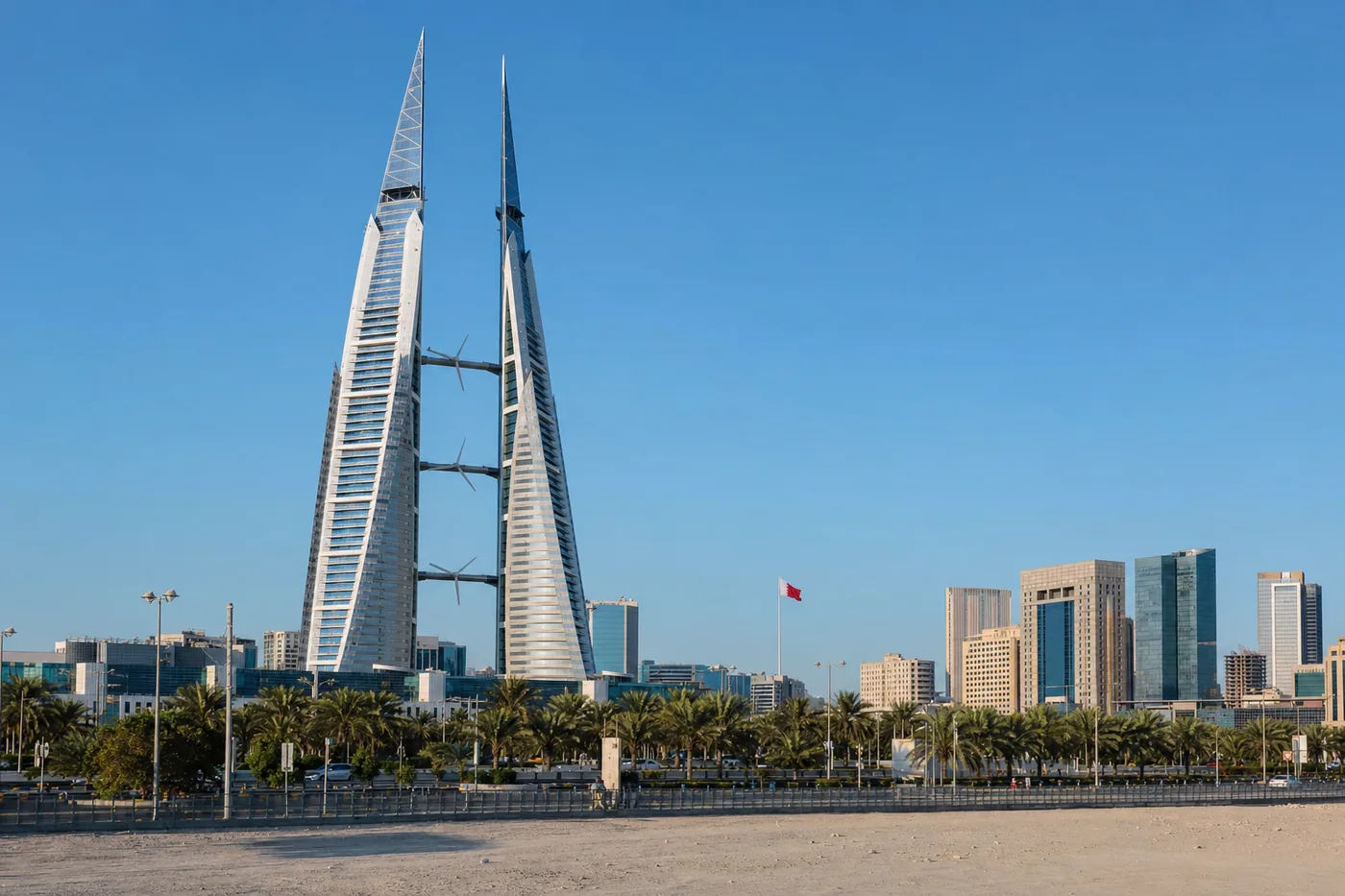 The Bahrain World Trade Center towers in Manama, Bahrain