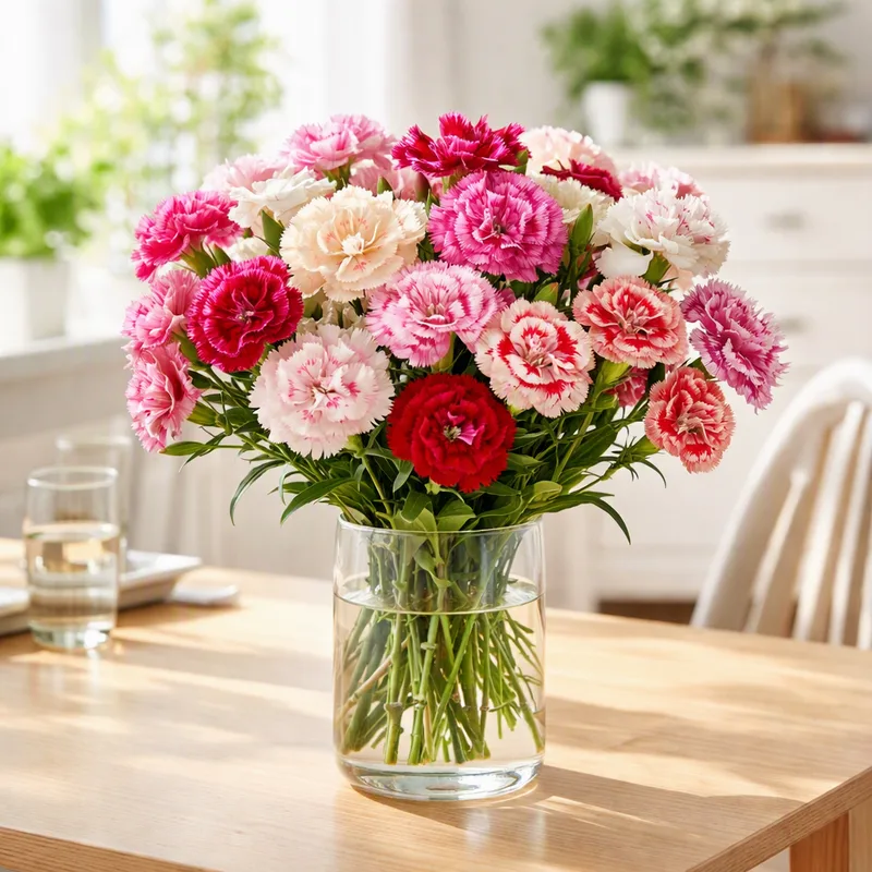 Classic carnation bouquet arranged in a home setting